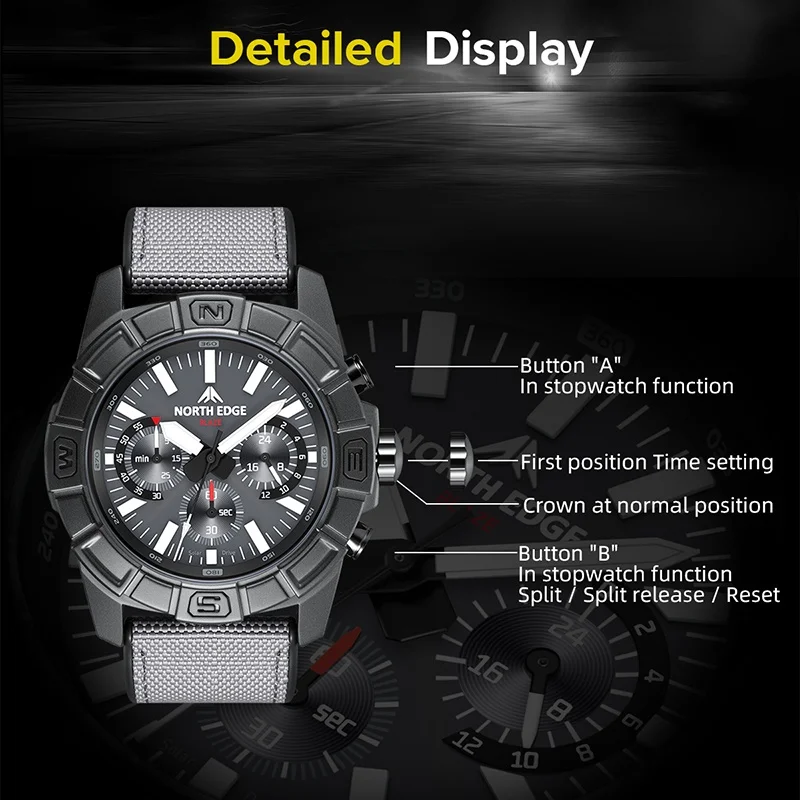 NORTH EDGE BLAZE relojes deportivos multifuncionales de moda para hombre cronógrafo luminoso 50M reloj de pulsera de silicona resistente al agua para hombre