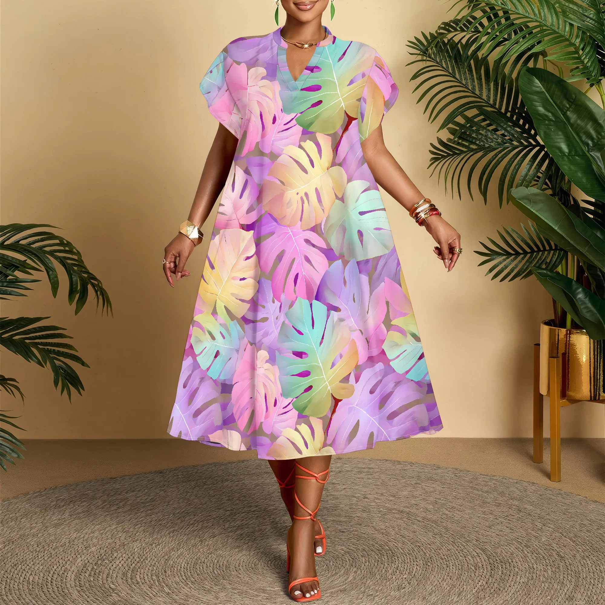 Tropical Print V-Neck Dress, Leaf Pattern Midi Dress, Pastel Summer Dress for Women, Beach Vacation Wear XS-3XL