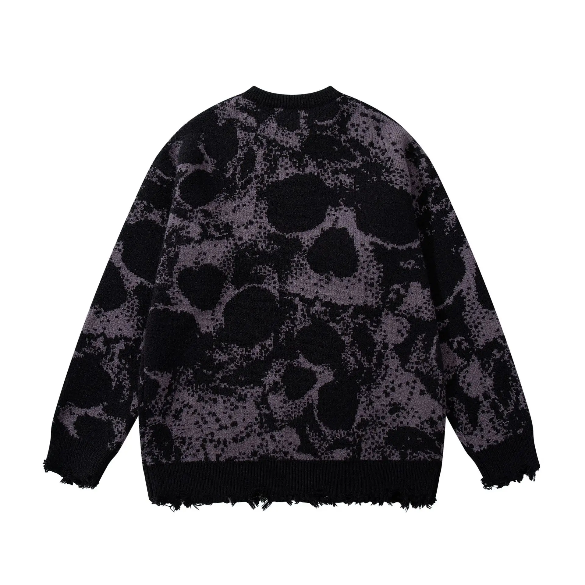Men's Fashion High Street Ripped Sweater With Skull Pattern Streetwear Knitted Jumpers Distressed Kniwear Tops Dark Wear