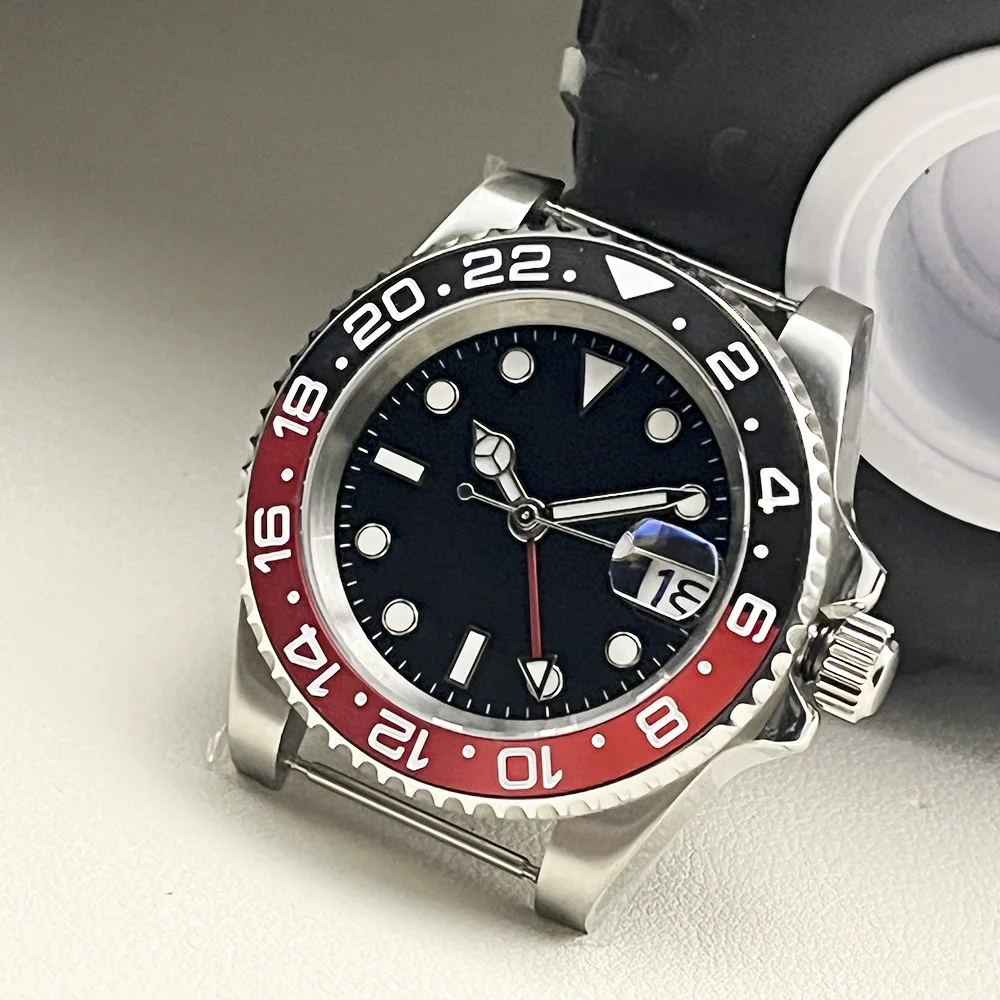 ساعة ميكانيكية للرجال 40 ملم، إطار أحادي الاتجاه NH34 GMT، عقارب حمراء، تاريخ، كريستال ياقوتي، علبة ستانلس ستيل