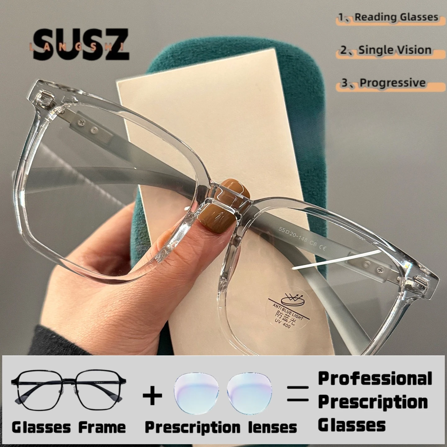 LS-SUSZ New Design Blue Light Filter Reading Myopia Hyperopia Eyeware Women Gradual Square Frame Prescription Customized Glasses