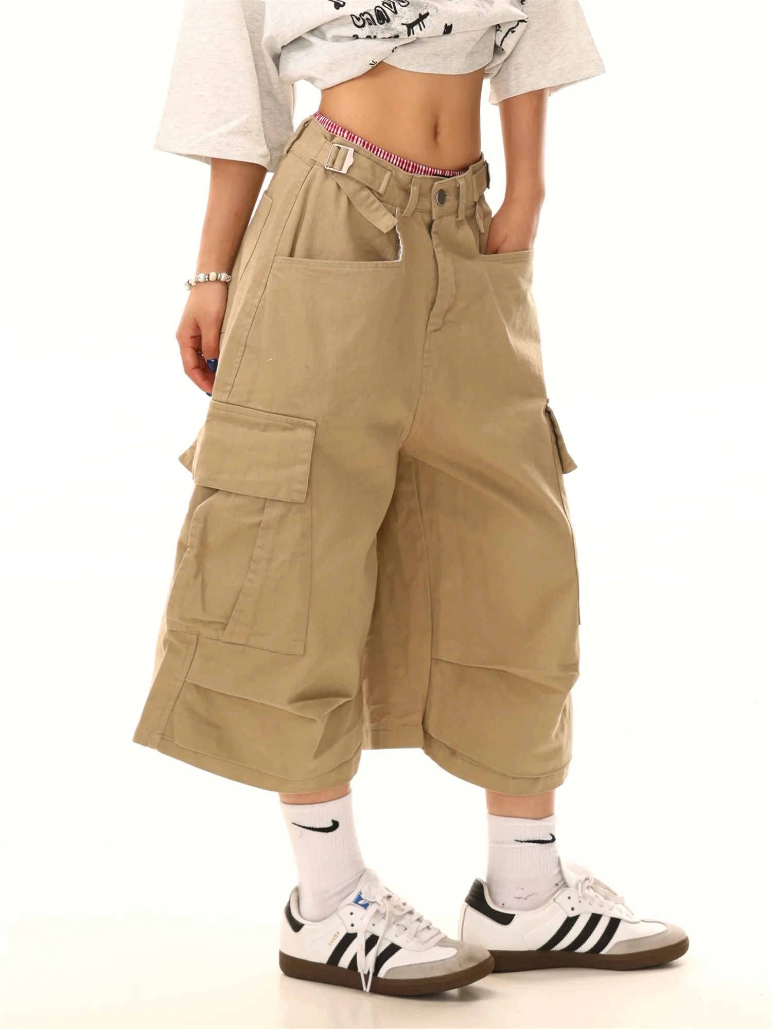 American Style Casual Pleated Workwear Shorts Men Women Summer 2026 Vintage Loose Straight Cut Multi Pocket Seven-Foot Pants