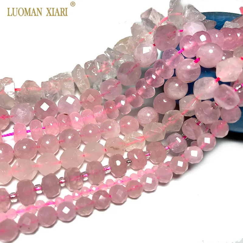 Wholesale Natural Stone Beads Rose Quartzs Pink Crystal Faceted Rondelle Square Irregular Round  for Jewelry Making Diy Bracelet