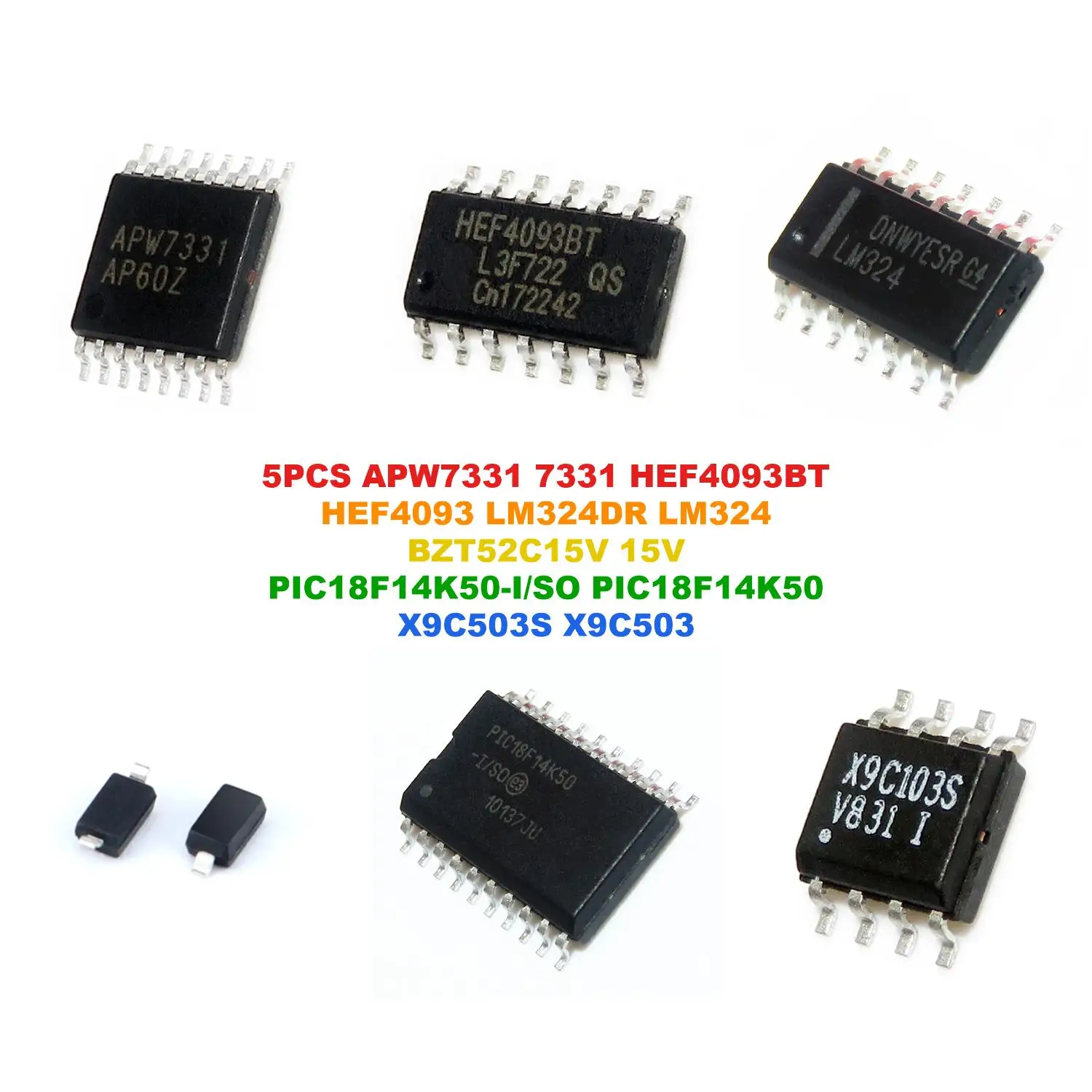 APW7331 7331 HEF4093BT HEF4093 LM324DR LM324 BZT52C15V 15V PIC18F14K50-I/SO PIC18F14K50 X9C503S X9C503