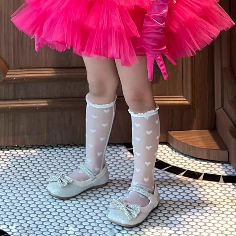Lolita Skirt Base Socks White Lace Thin Ruffle Long Knee-high Sock for Kids Baby Princess Style Heart Bow Pattern Mesh Stockings