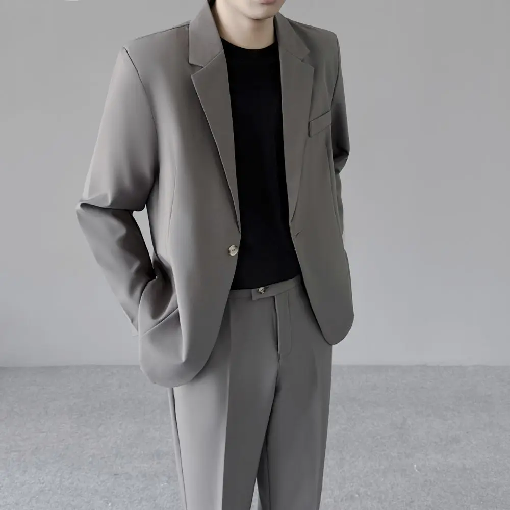 Two-Piece Men's Simple Tailored Jacket Casual Slim Fit Korean Style Trendy Leisure Business Outerwear Polyester Spandex