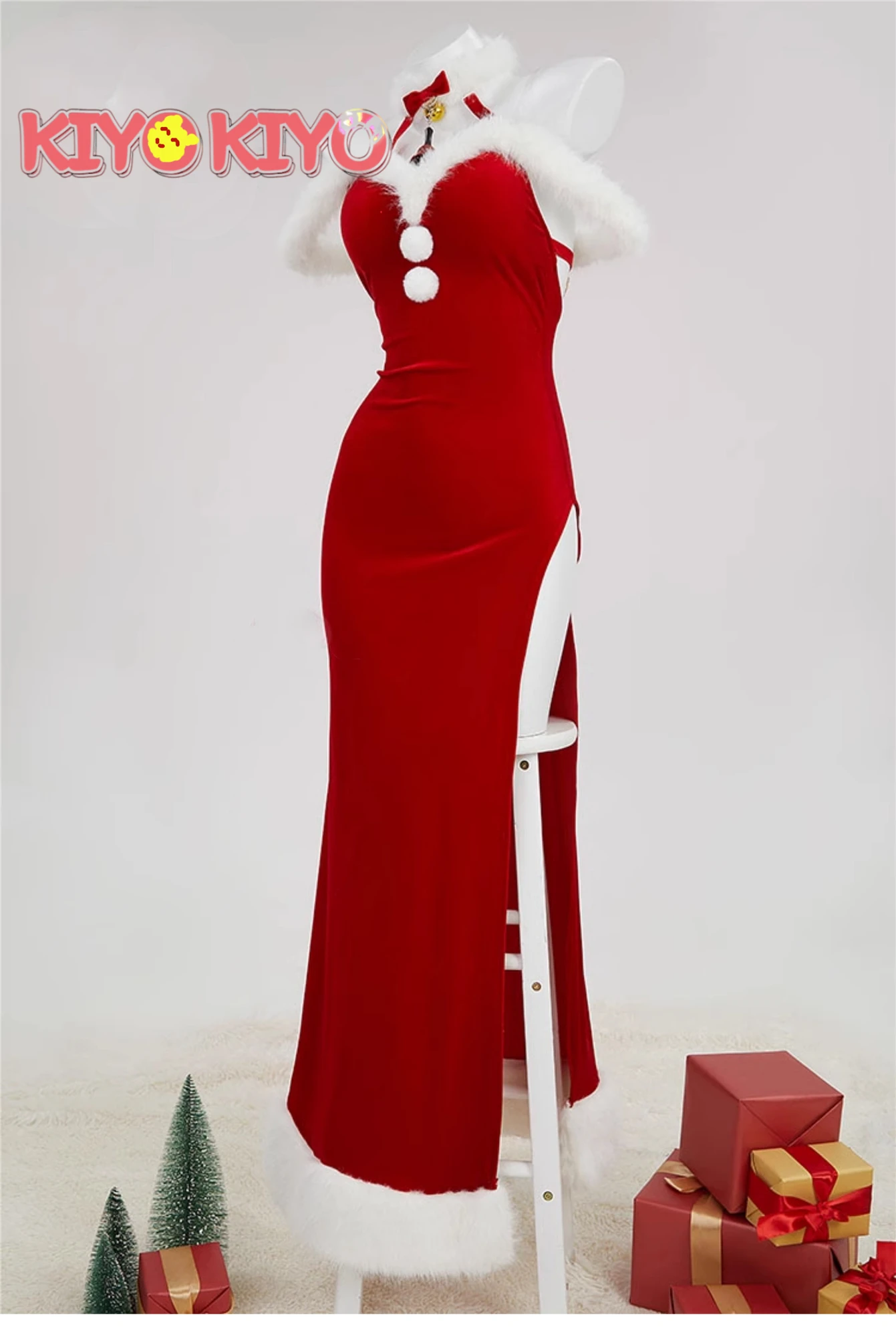 KIequilibre-Robe de Noël en Velours Rouge, Costume Cosplay Sexy