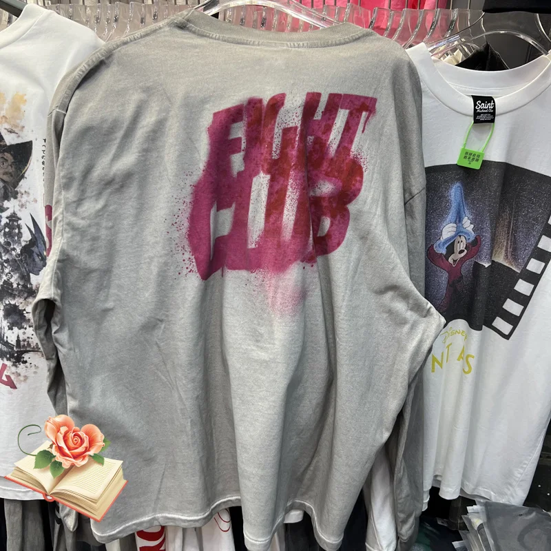 Soiled Cement Gray SAINT Fight Club Long Sleeve T Shirt Fist Print Men Women Vintage Washed Loose Streetwear T-shirt Tops Tee
