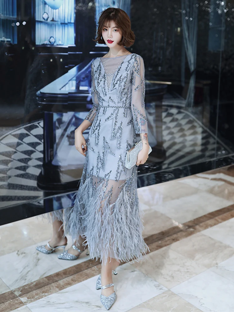 

Элегантное женское вечернее платье из высококачественной ткани, создающее праздничную атмосферу, для ежегодных встреч, в корейском стиле, со средней талией, на молнии