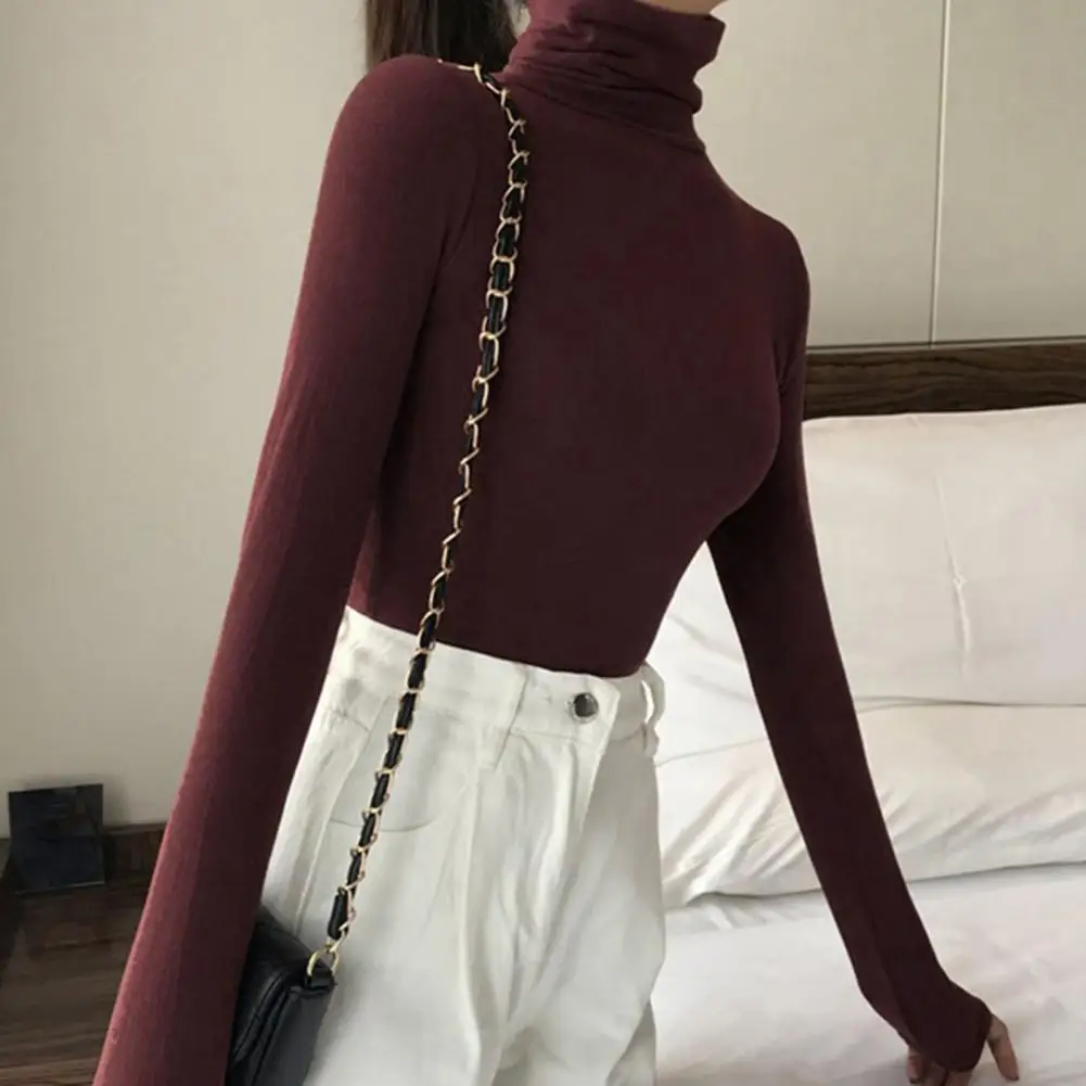 Pullover Tops Slim-fit Thermal Turtleneck Elasticity Base Shirt Solid Color High Collar Long Sleeve Sweater For Daily Wear