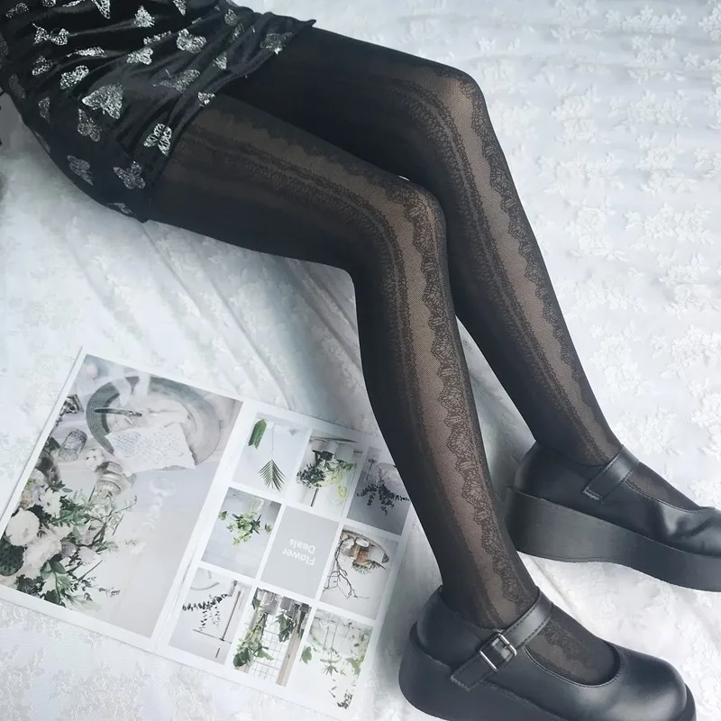 

Black Retro Lace Pattern Lolita Style Pantyhose Thin Gothic Vertical Stripes Nylon Leggings Personalized Tights