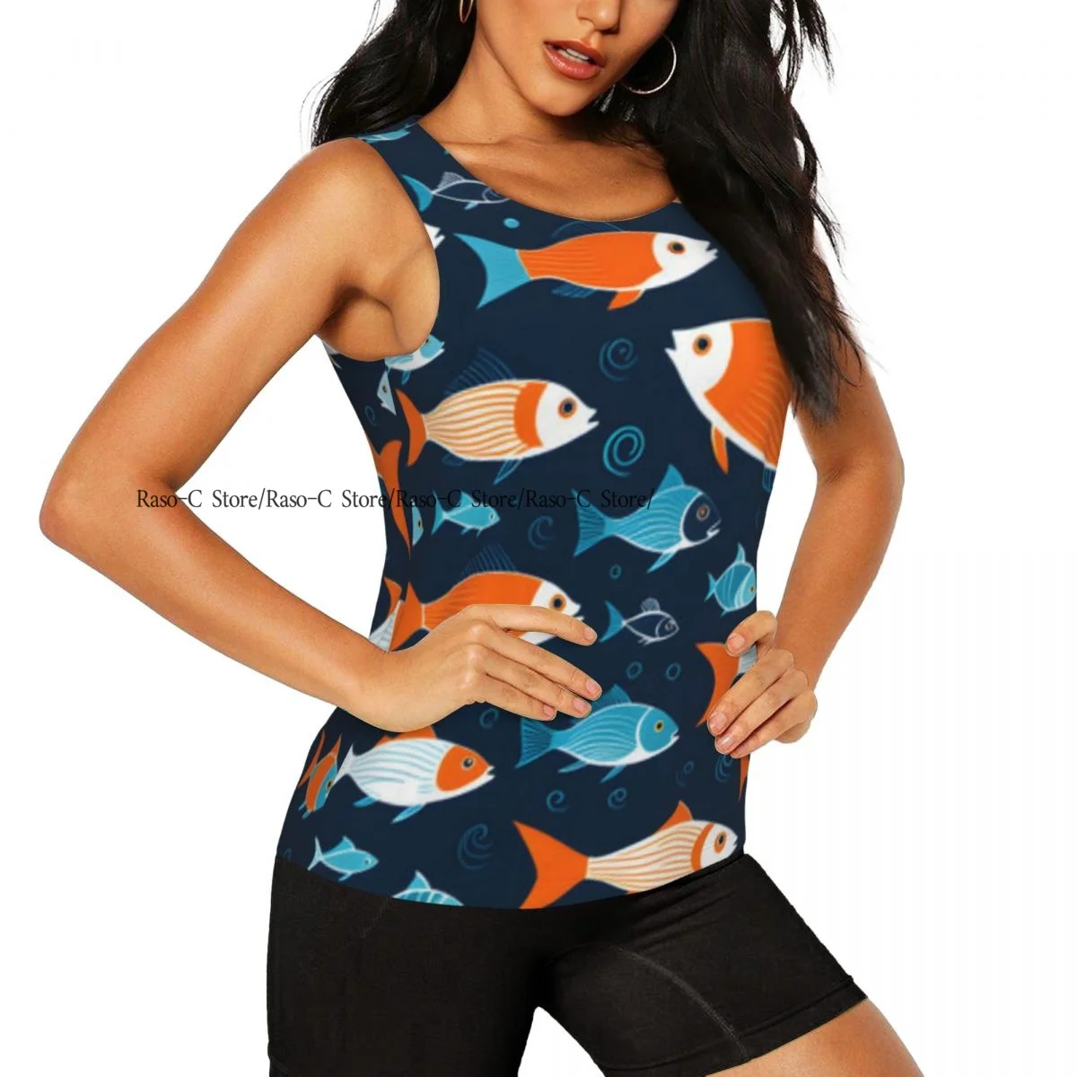 เสื้อกีฬาผู้หญิงลำลองสำหรับเล่นโยคะ ลายปลาหลากสีสันว่ายน้ำเป็นฝูง เสื้อยืดวิ่งแห้งเร็วสำหรับออกกำลังกาย เสื้อแขนกุดสำหรับออกกำลังกายในยิม