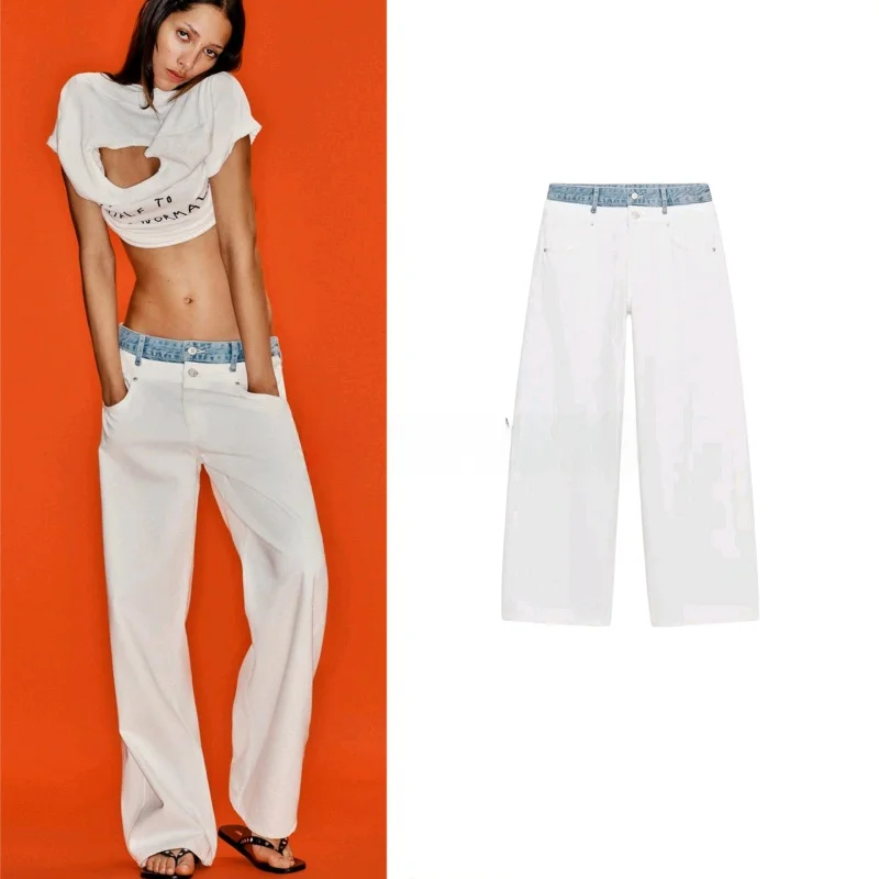 Summer New Women's Simple Button Zipper Mid-Waist Double Layer Waist Wide Leg Jeans Casual Loose Fit Polyester Fiber