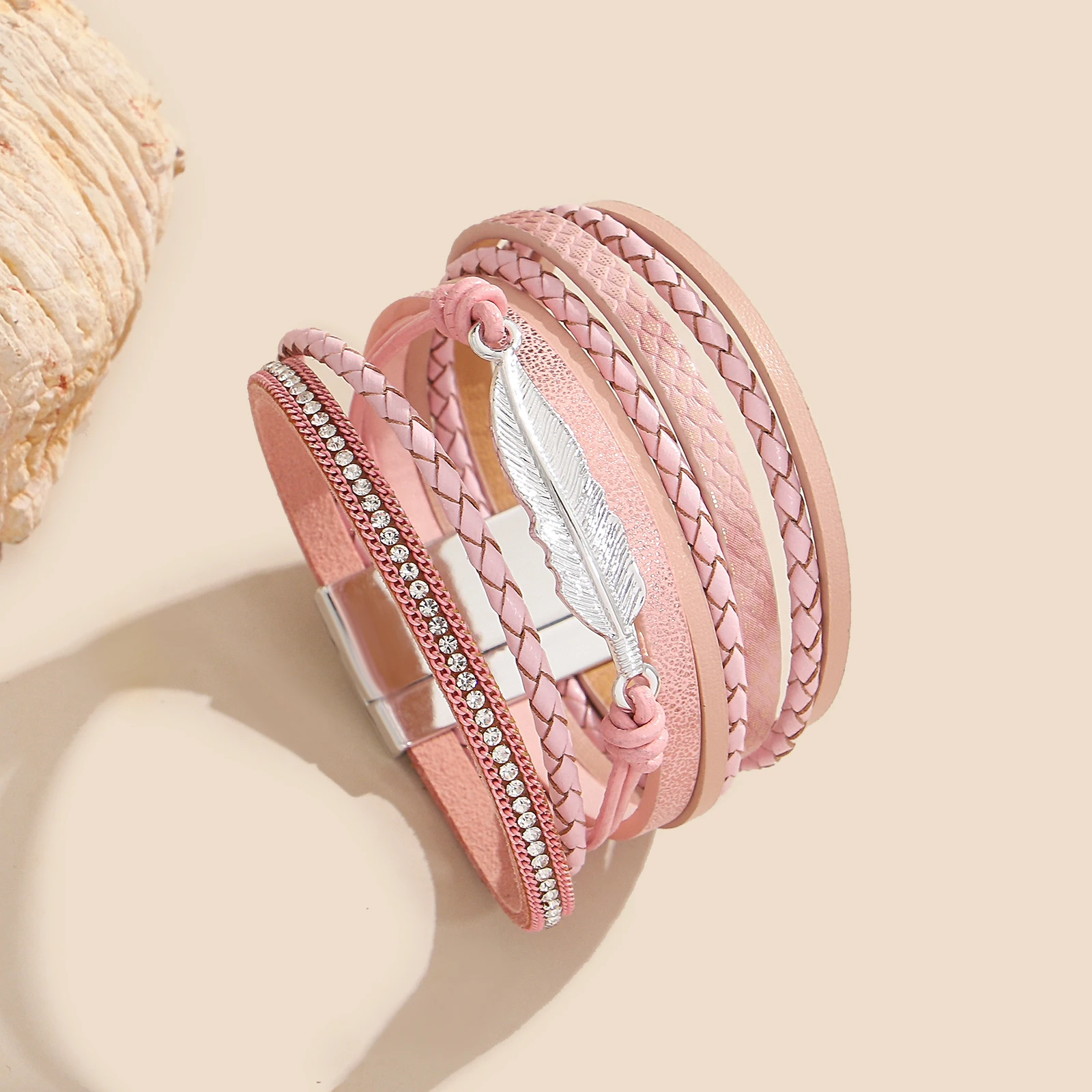 

Amorcome Fashion Irregular Metal Feather Leather Bracelet for Women Woven Multilayer Magnetic Buckle Bracelet Bangle Jewelry