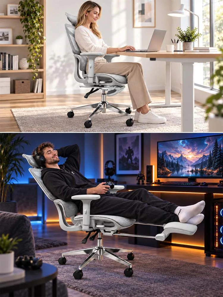 Ergonomischer Bürostuhl mit ausziehbarer Fußstütze, 3D-Kopfstütze, 3D-Armlehnen, adaptiver Lendenwirbelstütze, 135 °   Verstellbarer Drehstuhl mit Liegefunktion für Arbeit und Gaming