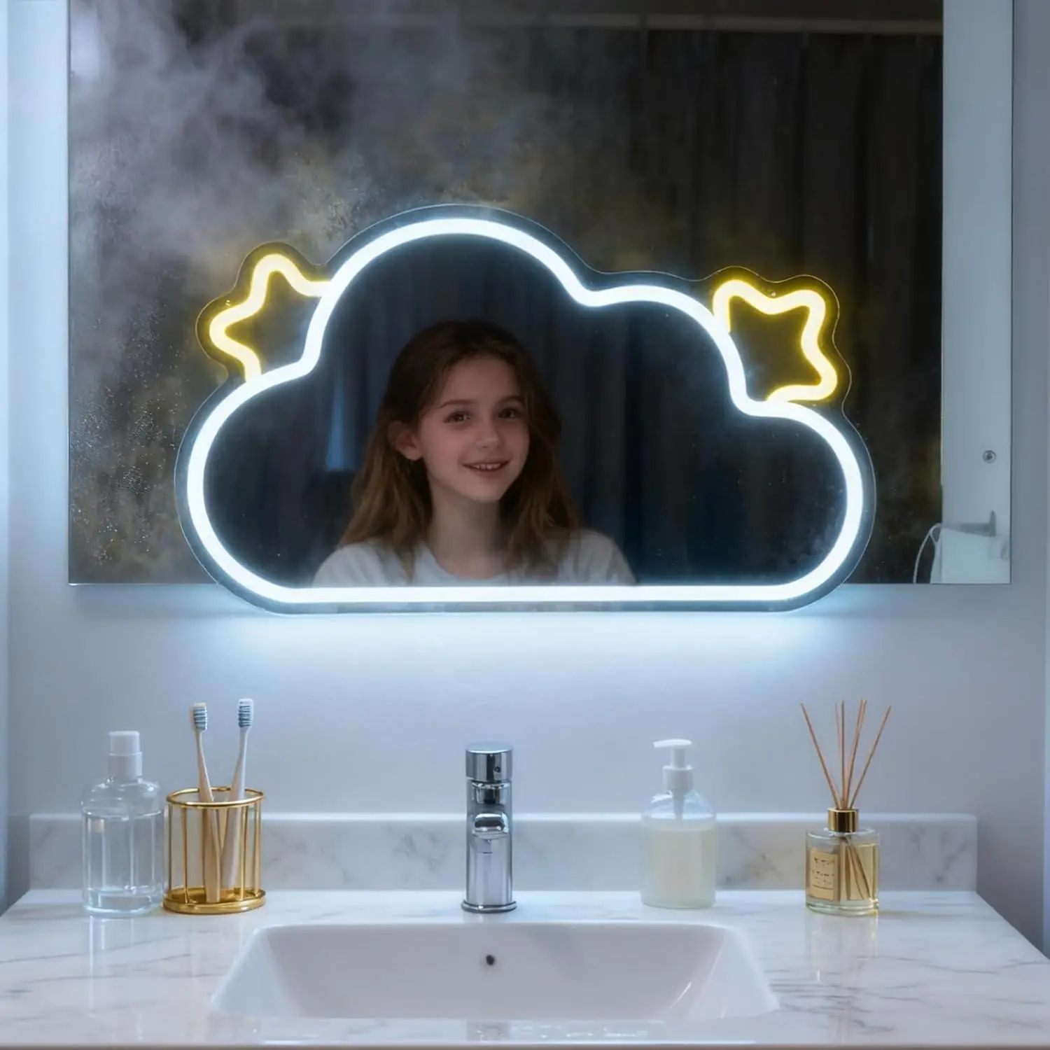 Cloud Mirror Neon Sign USB Dimmable LED Neon Lights for Teen Girls Room Makeup Studio Vanity Party Bedroom Decor Girl's Gifts