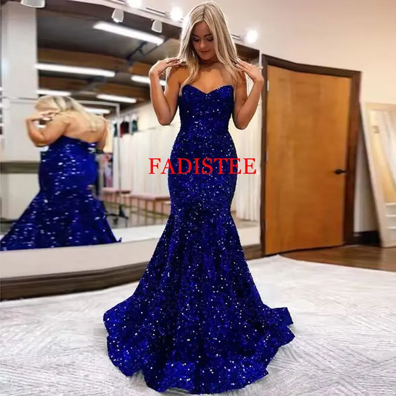 

Sequins V-neck Strapless Evening Dresses Mermaid Party Dress With Sweep Train Vestidos De Fiestas De Noche Para Mujer