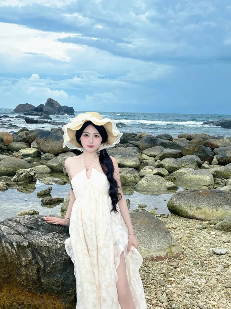 2025 春 ホルターネック バックレス ドレス A ライン パッド入り ビーチ ドレス エレガント レース カットアウト リゾート マキシ ドレス ガールズ レディース