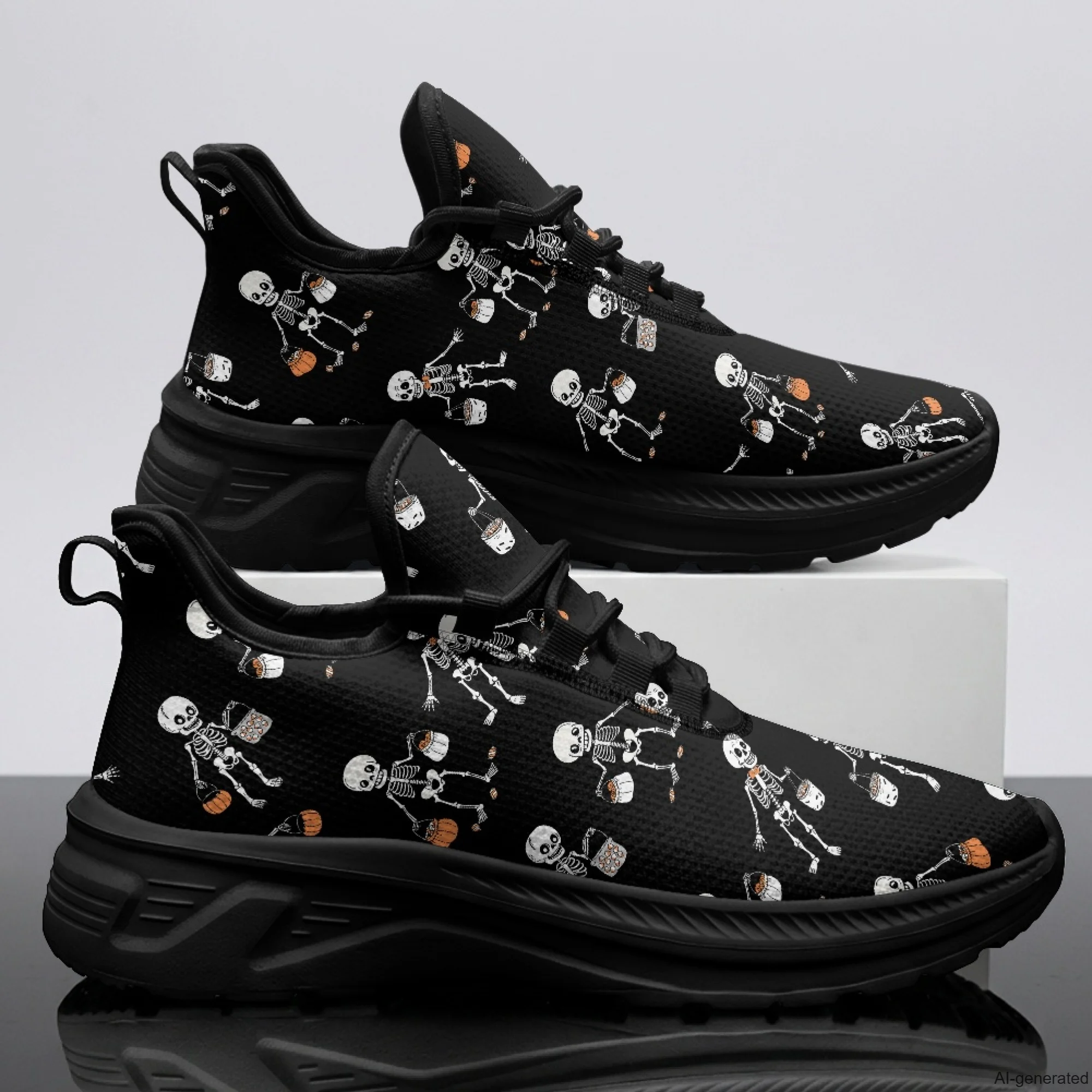 XIXIRIMIDO Unisex Gothic Style Vintage Skull Print Casual Mesh Shoes Lace-up Round-toe Nurse Shoes Halloween Shoes Woman 35-48