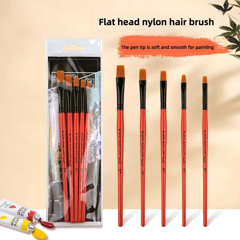 

5 pcs short wood rod orange nylon hair Flat head watercolor Gouache paint brushes for acrylic painting set art supplies