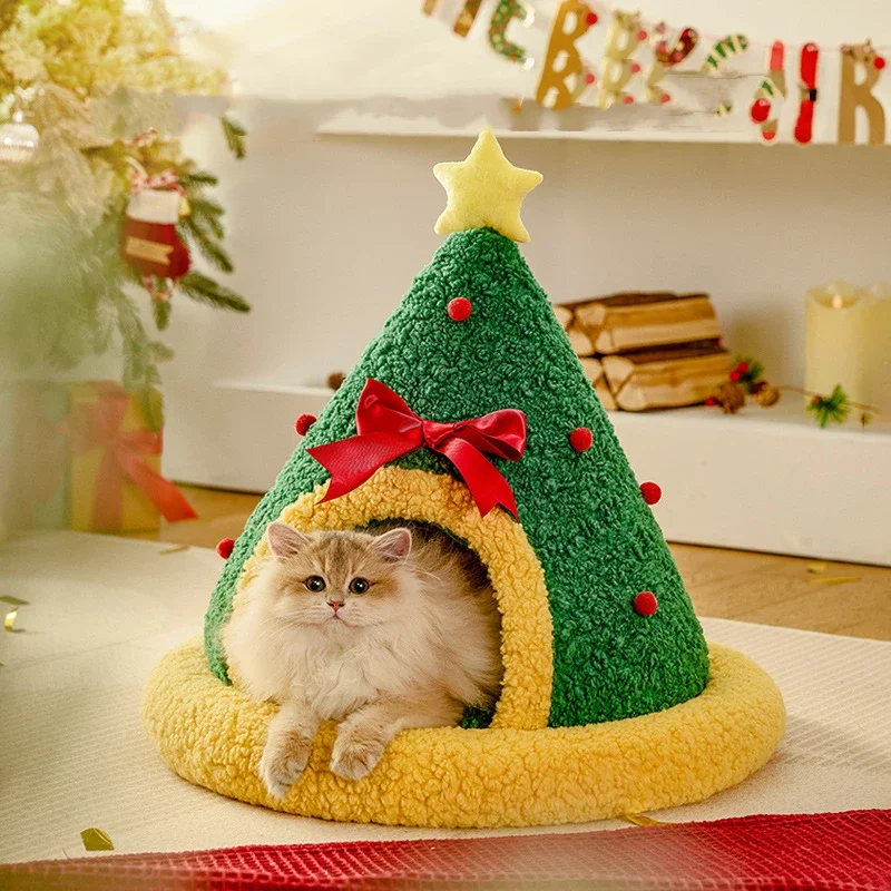 Christmas cat bed winter warm cat New Year gift deep sleep semi-enclosed dog bed warm bed cat house cat pet accessories supplies