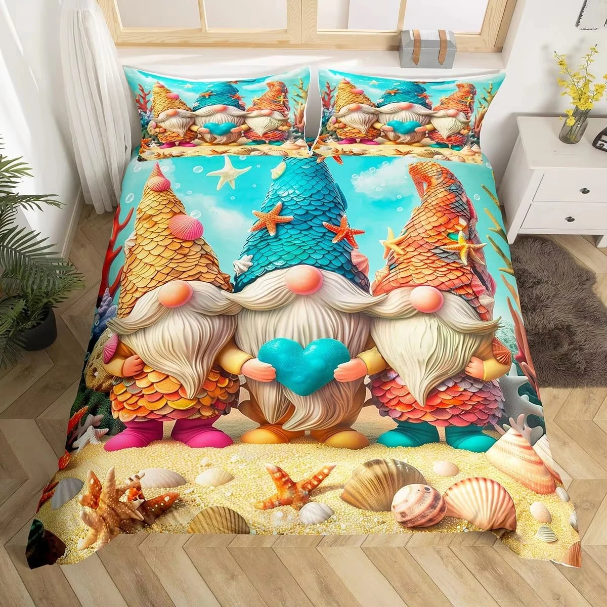 Cute Gnome Duvet Cover, Ocean Theme Coastal Beach Gnomes Bedding Set for Boys Girls, Seashell Starfish Sealife Comforter Cover
