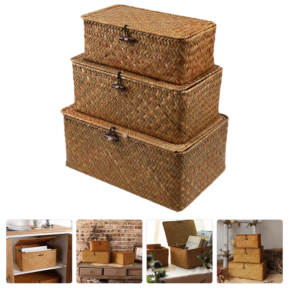 

3 Pcs Straw Basket Garbage Can Small with Lid Decorative Storage Boxes Lids Seaweed Sundry Organizer Office