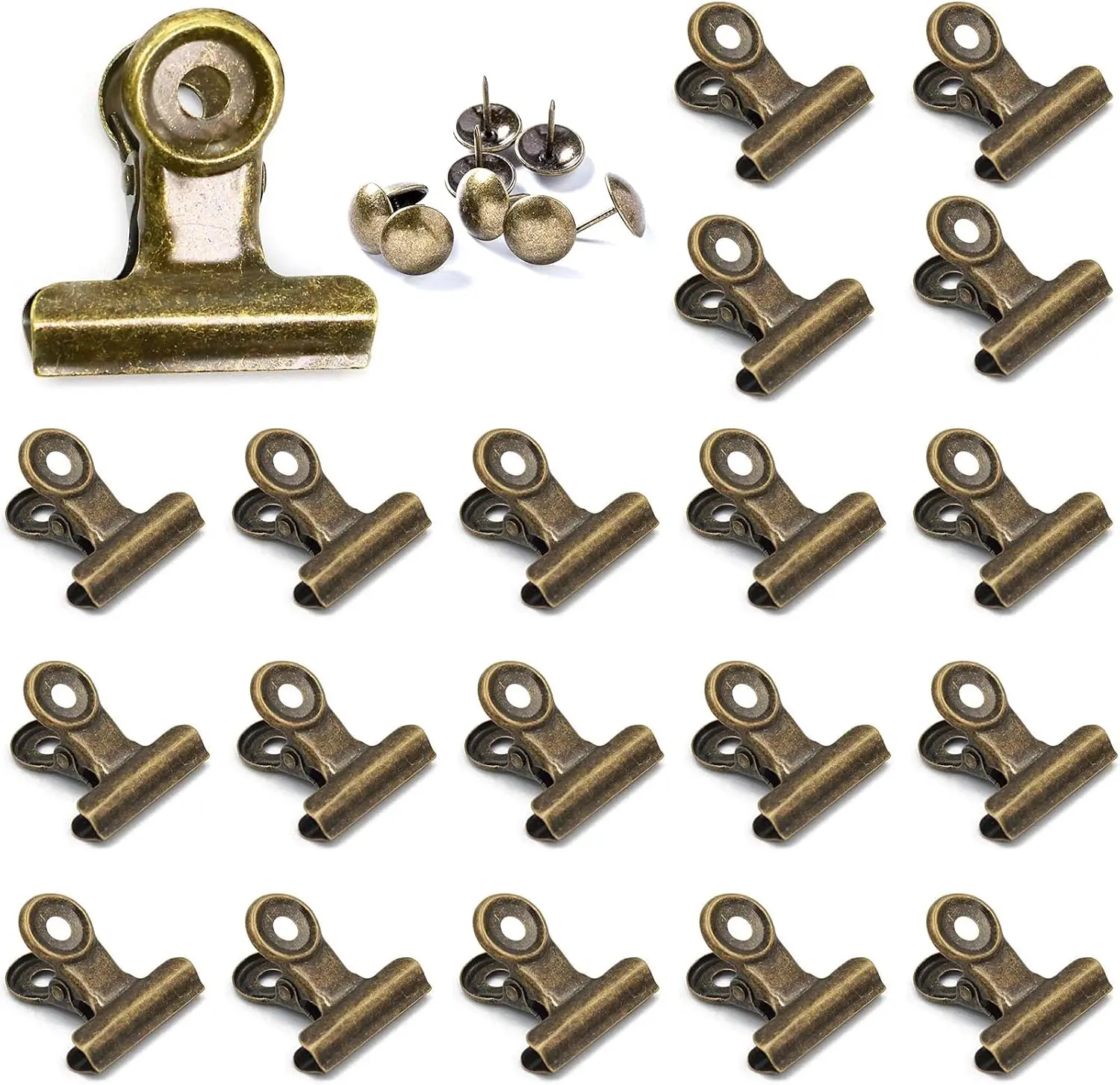 

20 Pack Metal Clips with Push-pins for Corkboard, Small Hinge Clips for Crafts, Mini Binder Clips for Office School (Bronze, 1.2