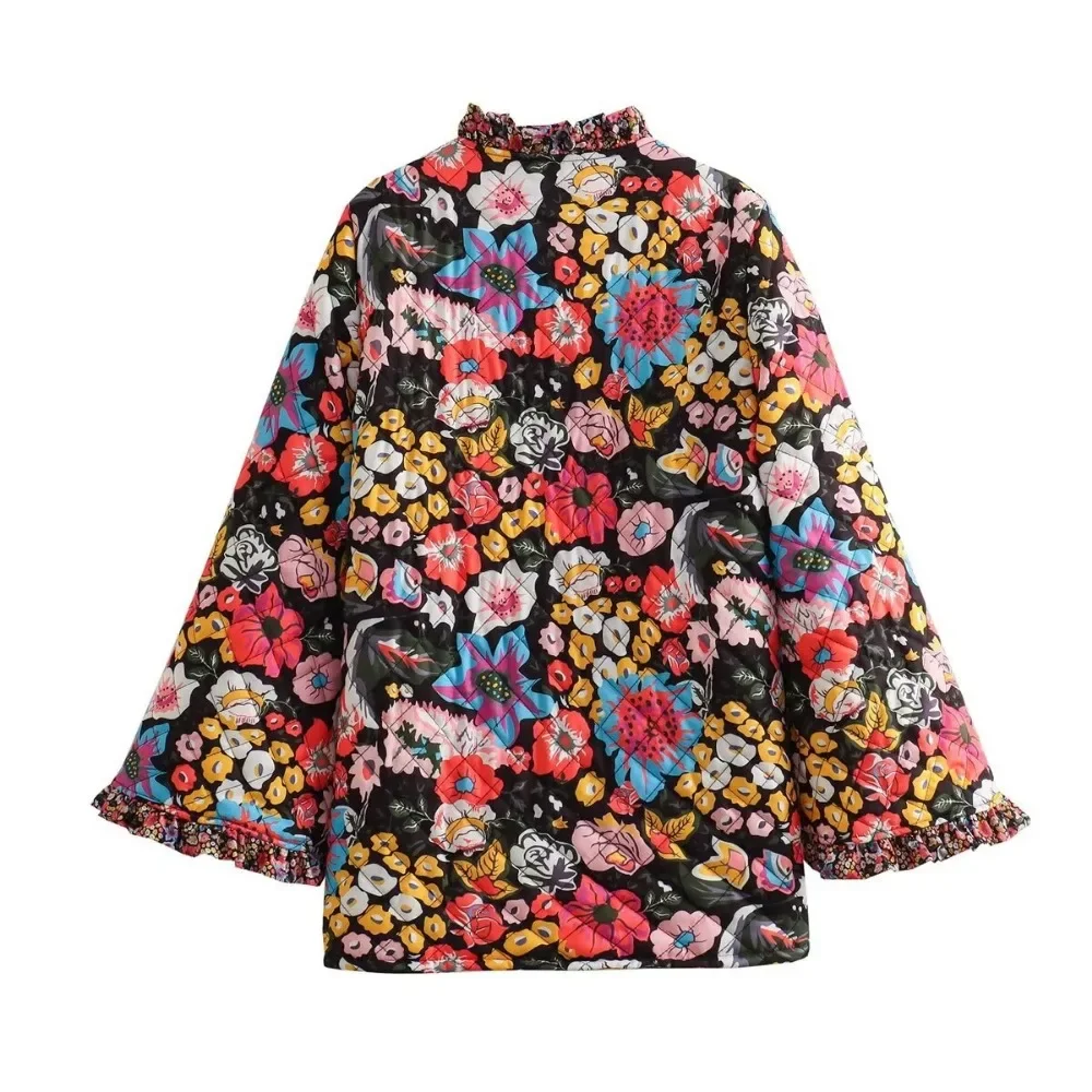 Quilted Jacket Woman Autumn Winter Flower Printed Vintage Demi-season Jacket for Women Coats Tweed Warm Lamb Wool Coat