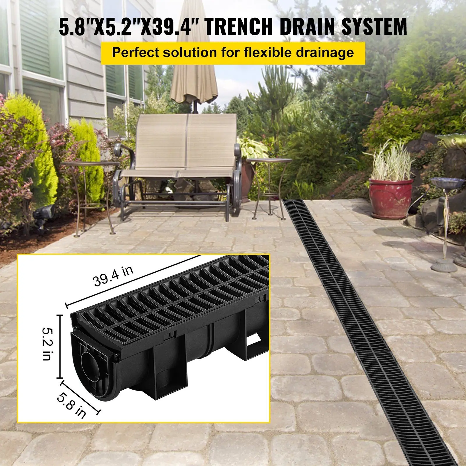 Trench Drain System,5.8x5.2x39.4-Inch HDPE Drainage Trench,Channel Drain with Plastic Grate,Black Plastic Garage Floor Drain,3x3