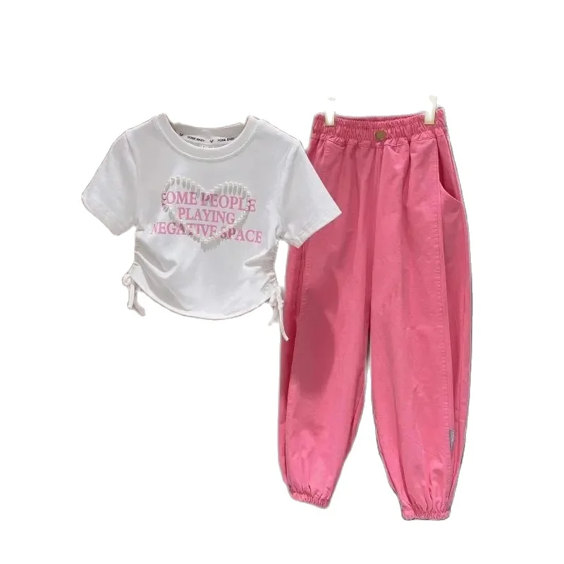 2024 Children Set Girls Fashion Casual Suit Summer New Pearl Waisted Short Sleeve Work Pant Two-Piece Kids Comfort Clothes 4-14Y