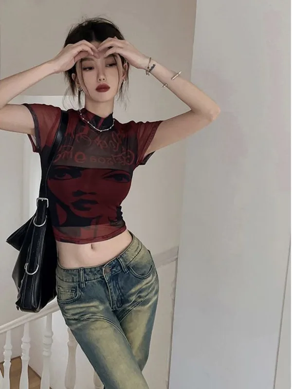 fashion printed slim short sleeved open navel top for women's summer design half high neckline wine red shoulder T-shirt XQ8H