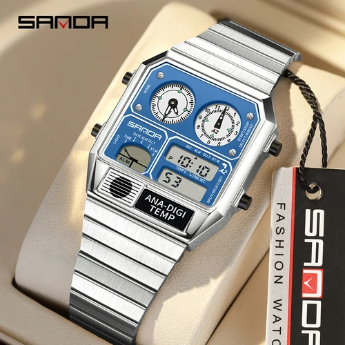 Imagen 2 del producto SANDA 3192 Venta caliente LED electrónico cuadrado hombres jóvenes Casual multifunción termómetro cronómetro cronógrafo reloj de hombre