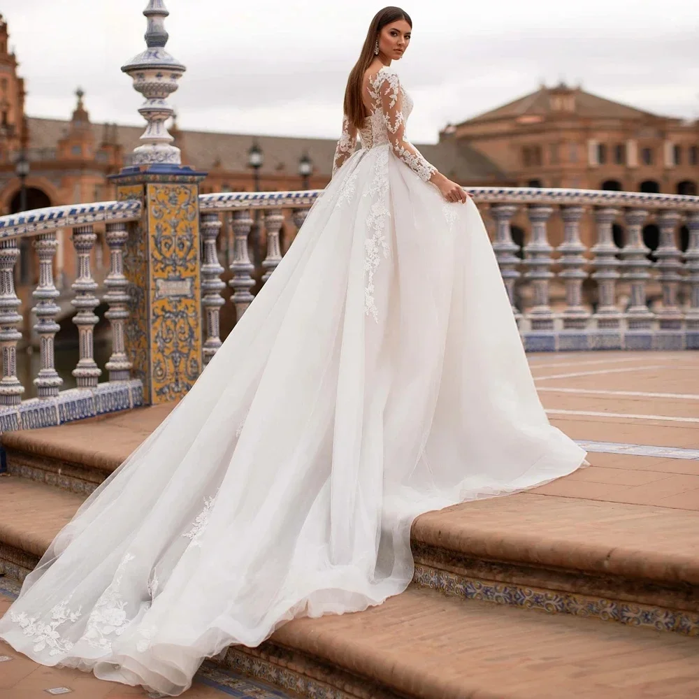 فساتين زفاف Flavinke مخصصة بأكمام طويلة على شكل قلب على شكل حرف a مزينة بالدانتيل فستان العروس الأميرة 2025 Vestido De Noiva