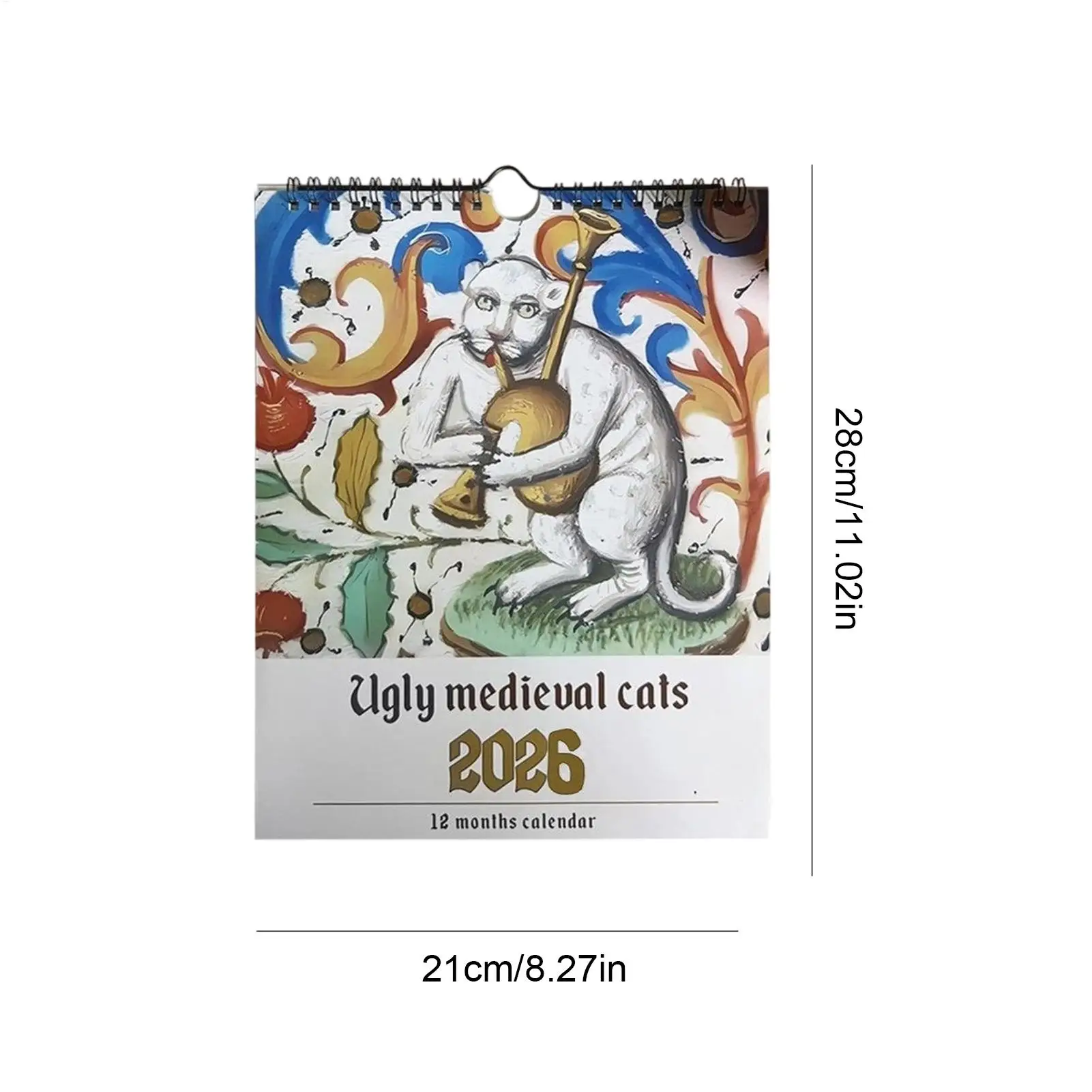 تقويم جداري غريب على شكل قطة من العصور الوسطى لعام 2026، تقويم جداري للعام الجديد، جدول يومي مضحك، مخطط شهري، تقويم جداري للقطط المضحكة