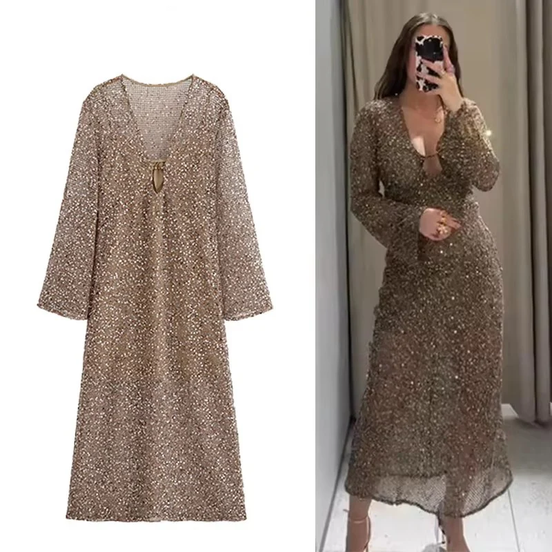 Robe longue plissée à paillettes pour femmes, Sexy, décolleté en v profond, manches longues, transparente, robes de soirée, été, 2025 ﻿