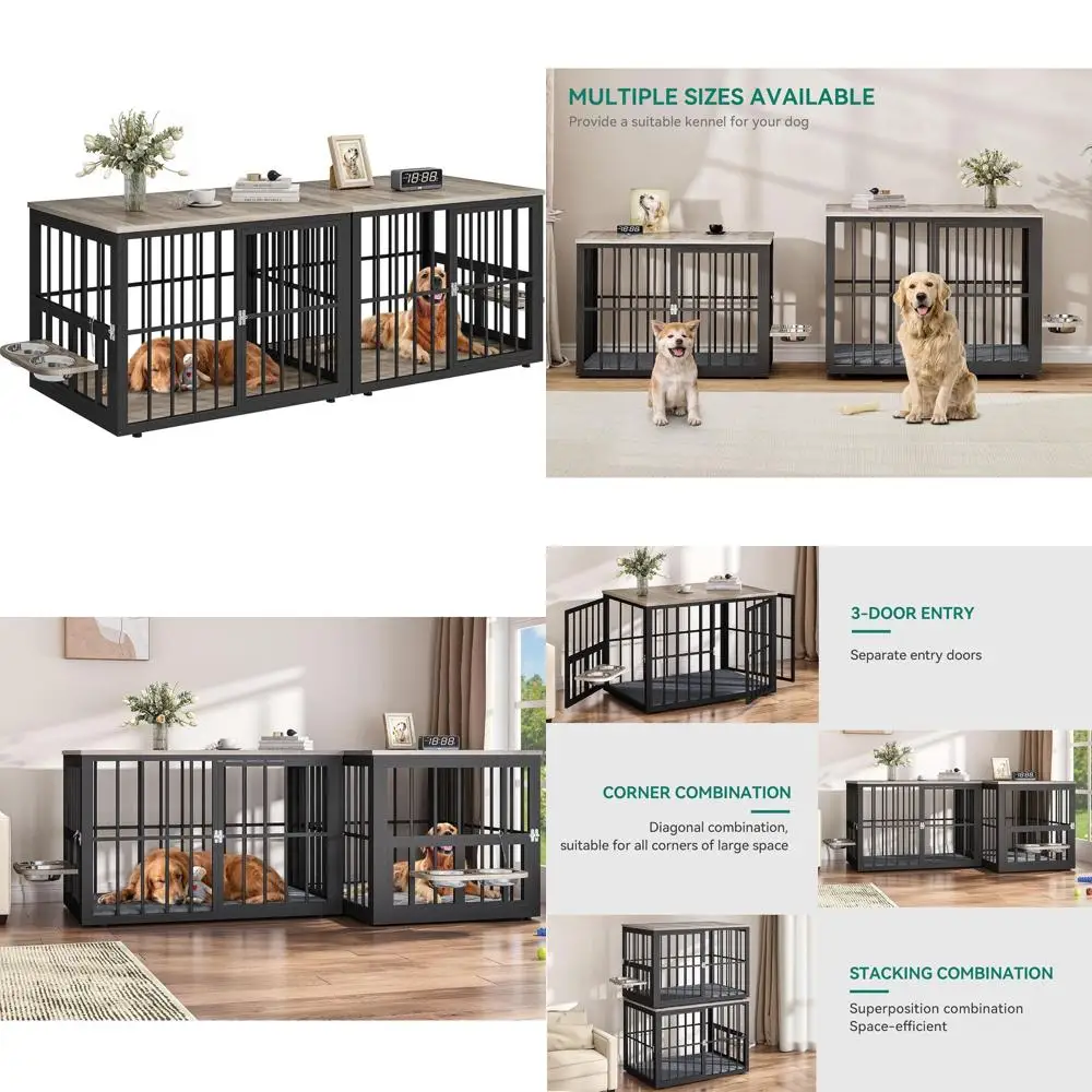 

Large Grey Wooden Double Dog Crate with Bowls and 3 Doors