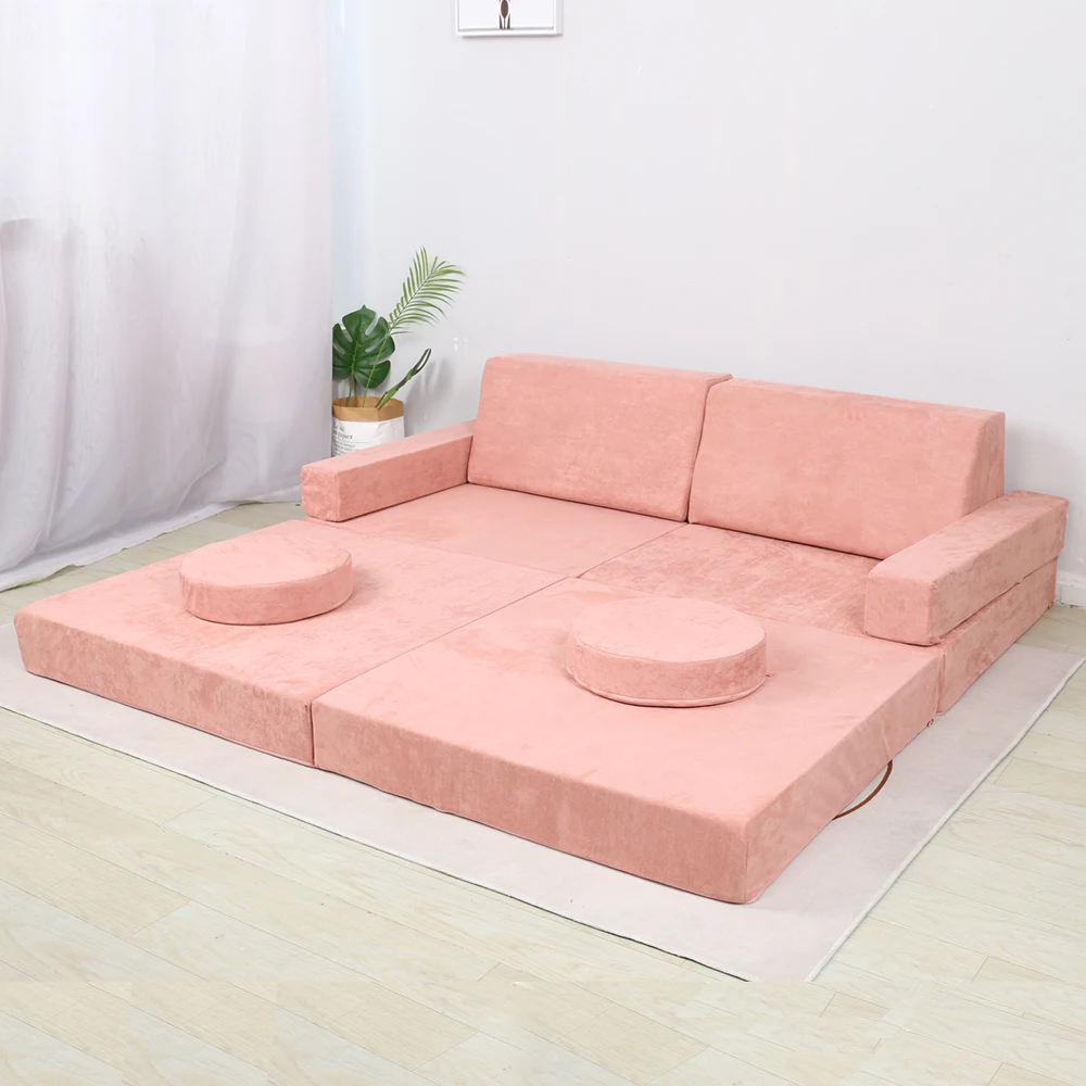 Saien Modern Pink colour Velvet chair Curved Sofa Couches Children play toy sectional 10pcs modular foam kids play sofa