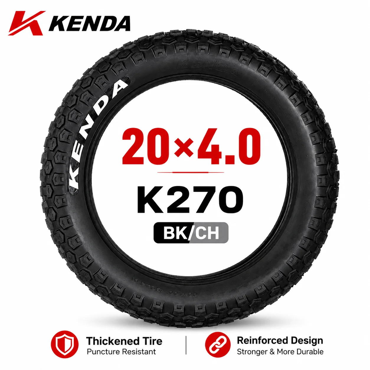 

KENDA 20x4.0 Fat Tire K270 BK CH Thickened Fat Bike Tire Puncture Resistant Reinforced Durable Bicycle Tire
