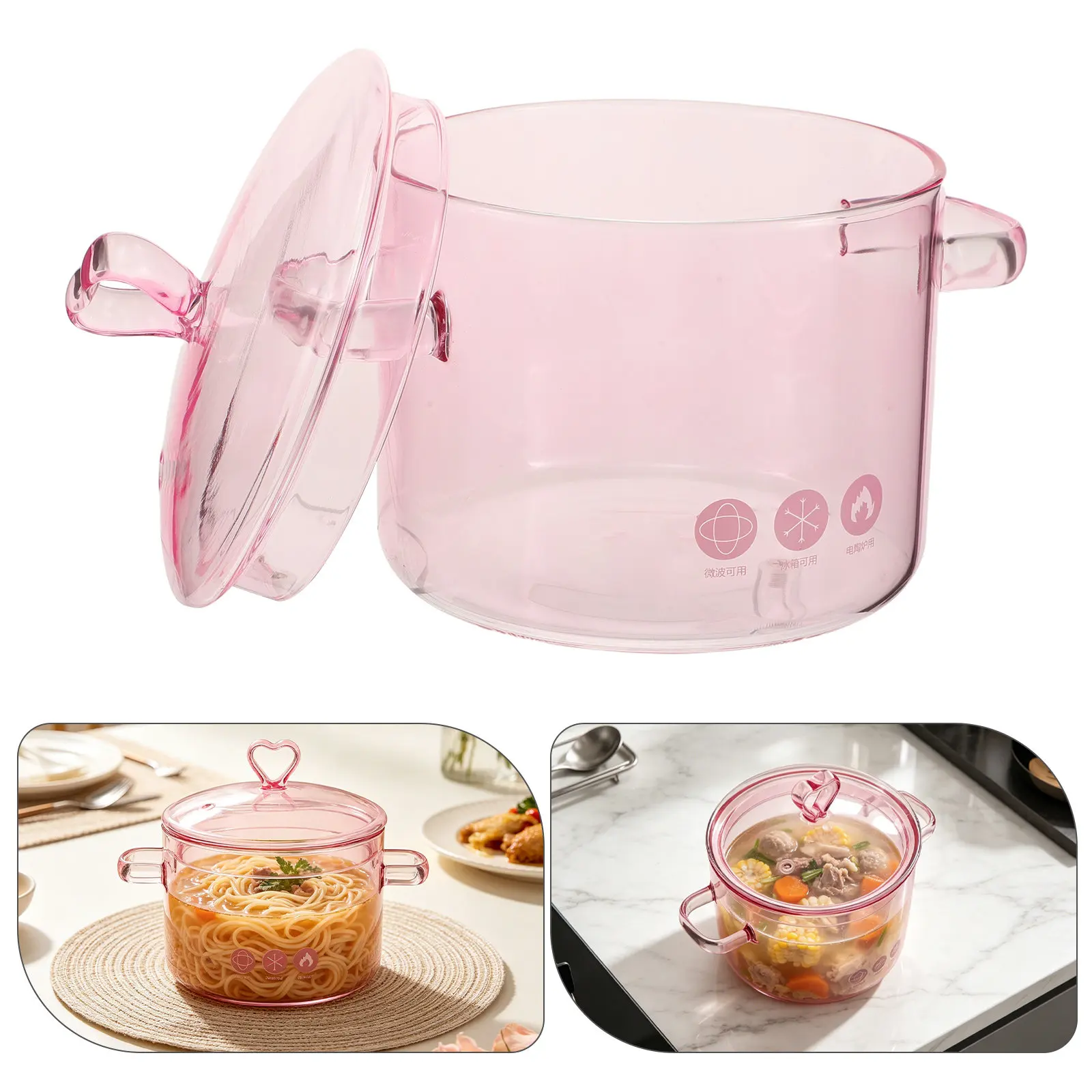 Glass Cooking Pot Heart-Shaped Lid 1700Ml Heat Resistant Clear Saucepan Dual Handles Simmer Soup Stew Pot Gas Electric Stove