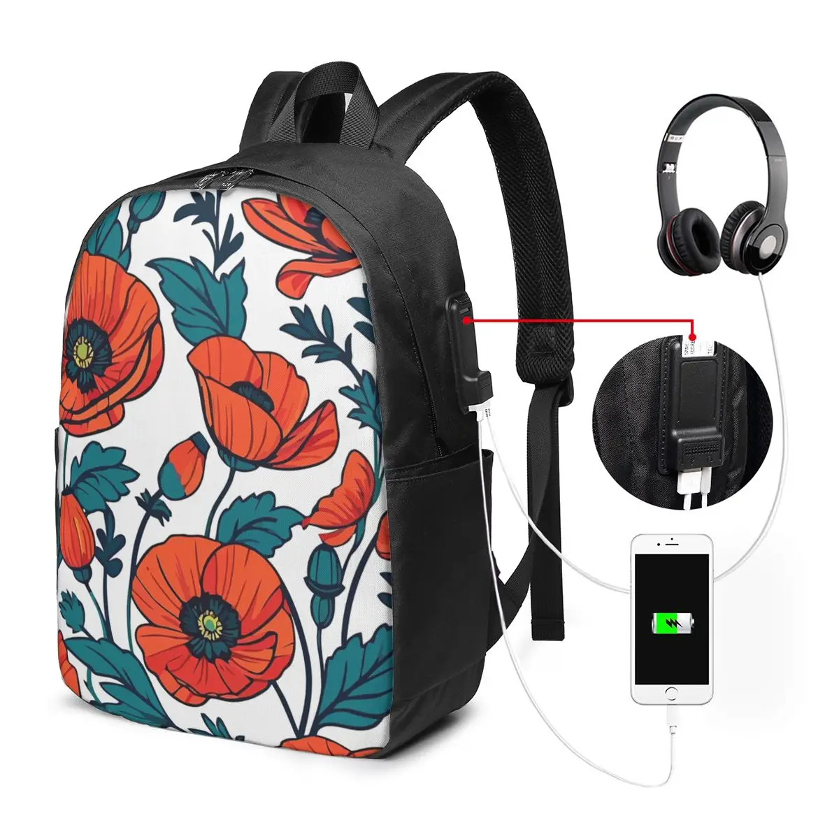 Poppy Flower And Plant Pattern Backpack Travel Notebook Bag Computer College Student School Bag Laptop Shoulder Bags Men Women