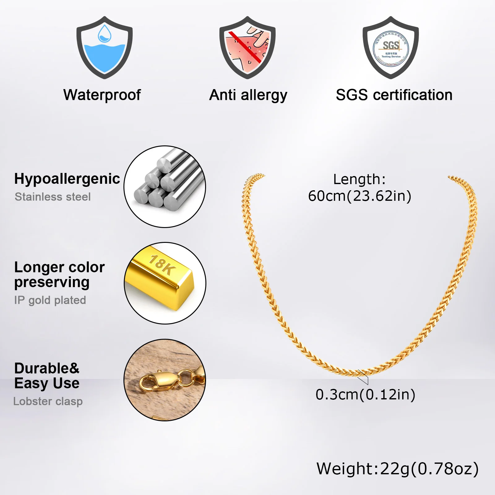 Gold Color Franco Chain Necklace for Men,3MM Wide Thick Stainless Steel Necklace Collars,Classic Trendy Jewelry Gifts