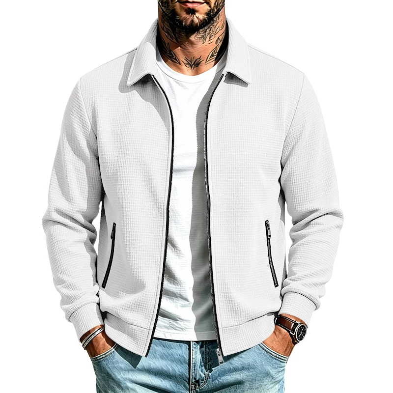 Herren Frühlings- und Herbstjacke aus Waffelstrick mit Reißverschluss, lässig, locker, leicht, mit Kragen, für den Alltag. – Detail 3