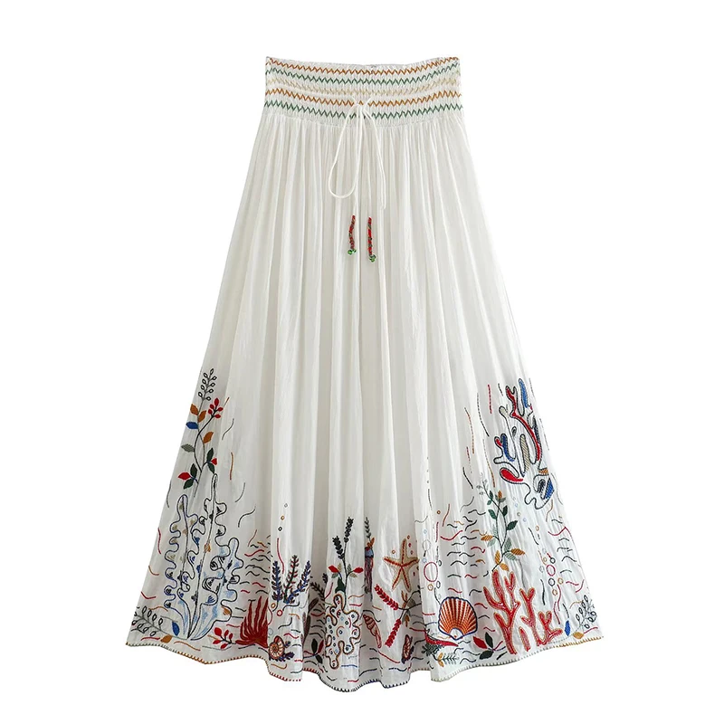 YENKYE 2023 Women White Long Embroidered Skirt Vintage Drawstring Elastic Mid Waist Female Pleat Boho Skirts