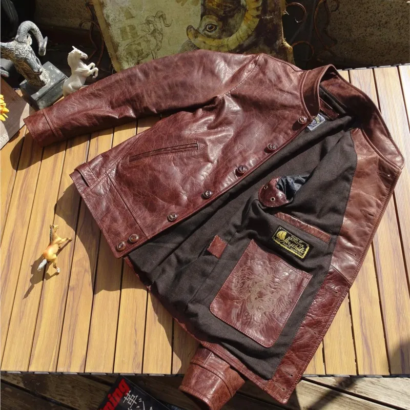 A thick and hard natural leather embossed made of casual  coat