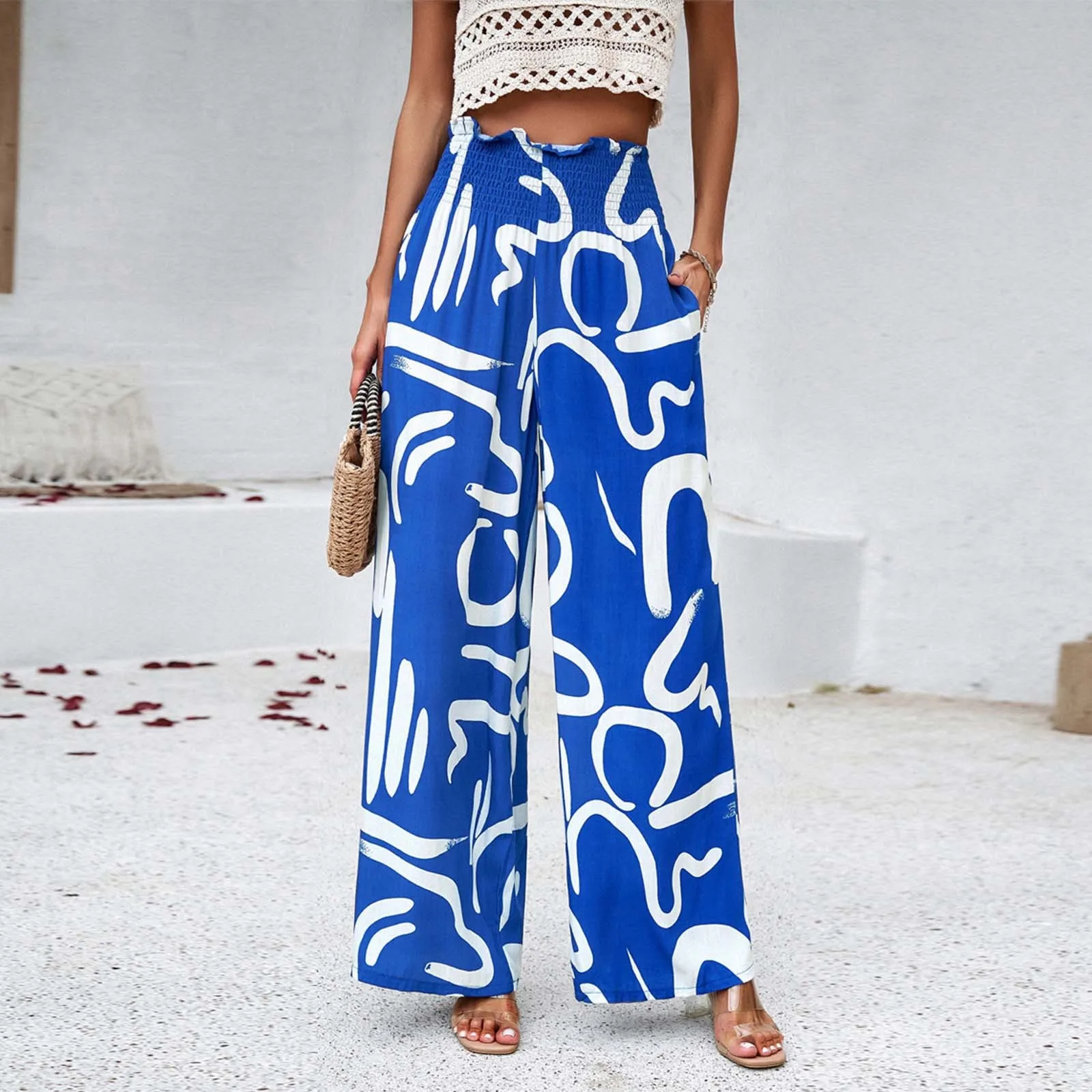 

Women'S Elegant Spring Summer Printed Loose Fit Casual Trousers Summer Beach Holiday Pants With Pockets 2024 New Streetwear