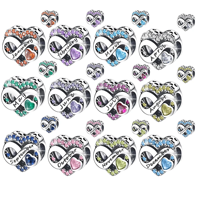 925 sterling silver birthstone heart-shaped Christmas beads charms fit original bracelet charm beads necklace Diy female jewelry