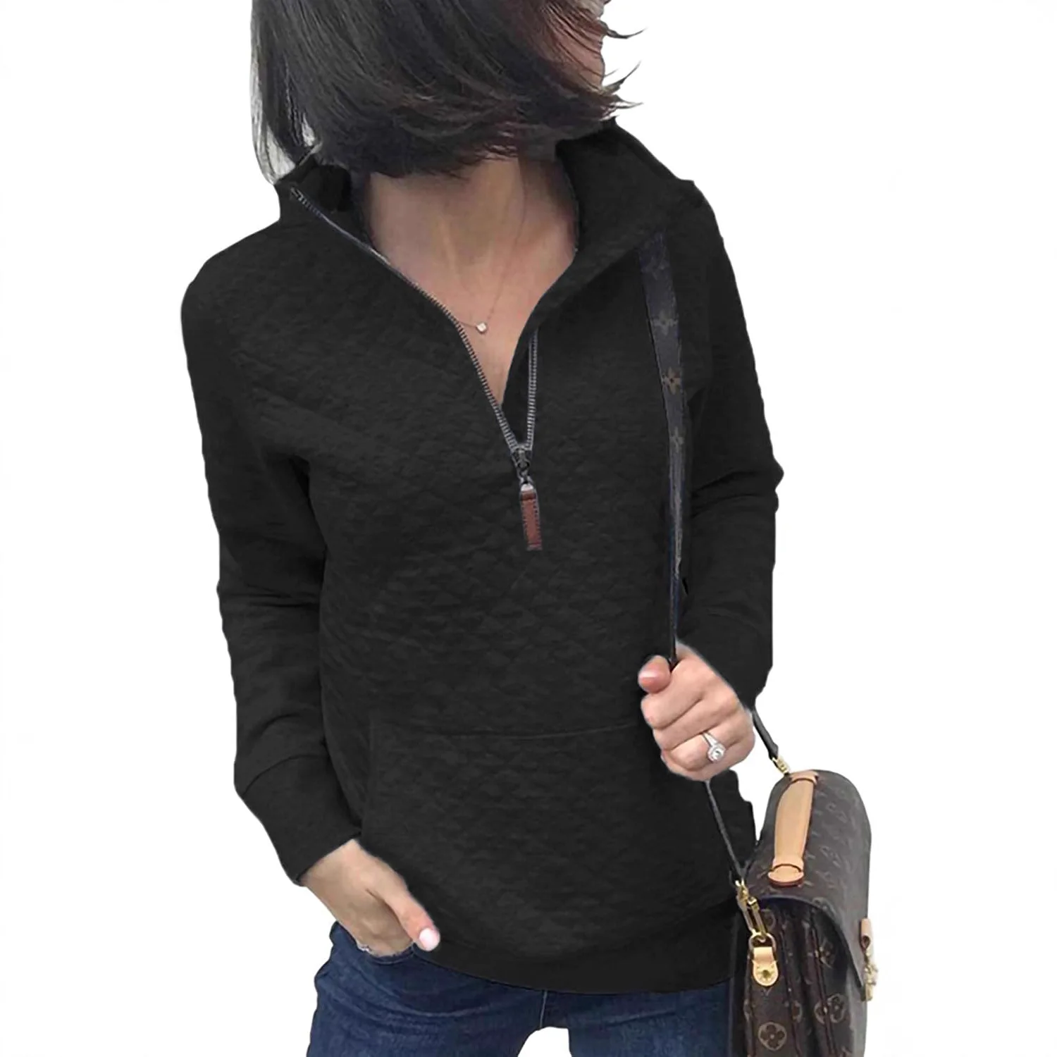 

2026 Spring and Autumn Zipper Pullover Sweatshirt Knitted Long Sleeve Fake Neck Pullover with Pocket