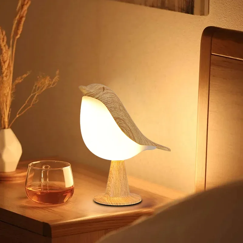 3 Colors Bedside Lamp LED Touch Switch Wooden Bird Night Lights Rechargeable Bedroom Table Reading Lamp Decor Home