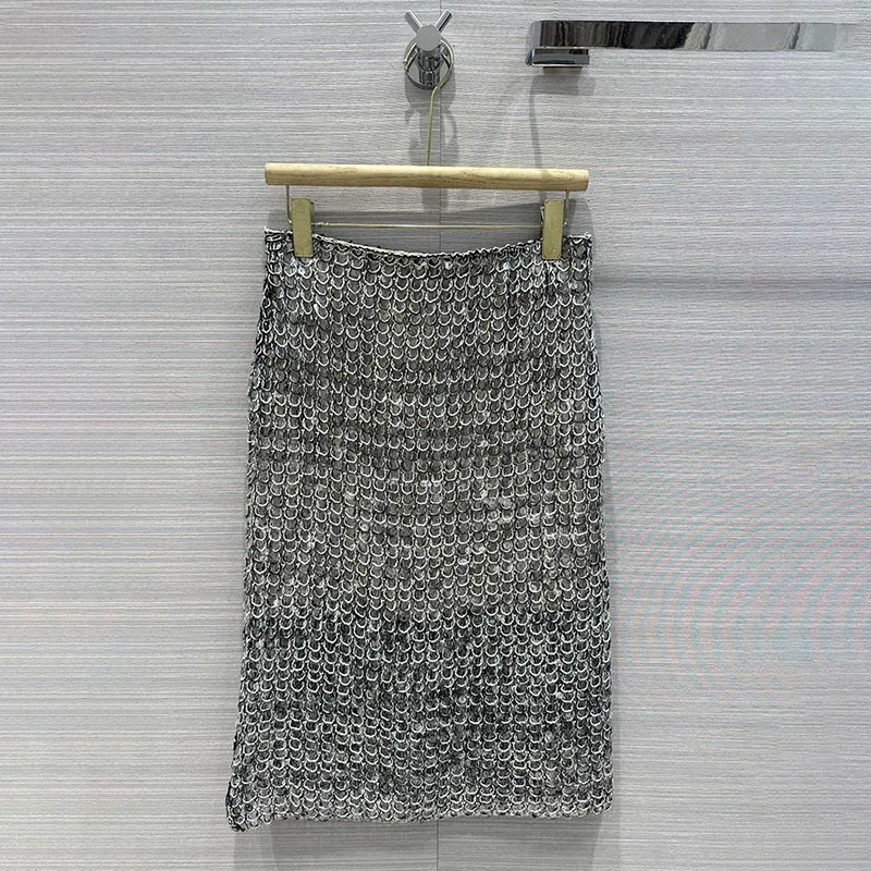 midi dresses spring and summer heavy fish scale sequins high waist open fork long dresses2024simple temperament skirts for women